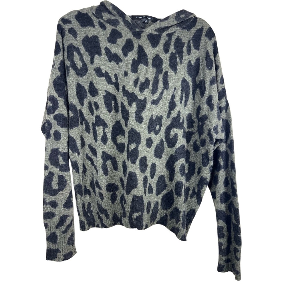 RARE Skull‎ Cashmere Carson Leopard Print 100% Cashmere Hoodie Skull Back LARGE